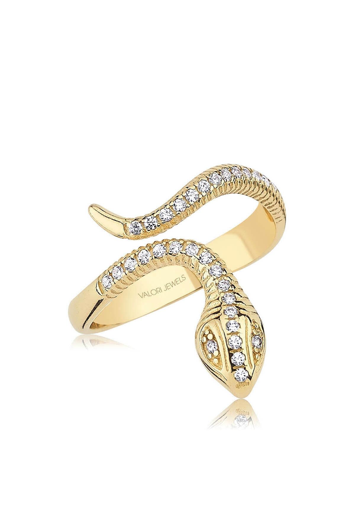 Valori Jewels Yılan, Zirkon Beyaz Taşlı, Altın Rengi Gümüş Yüzük