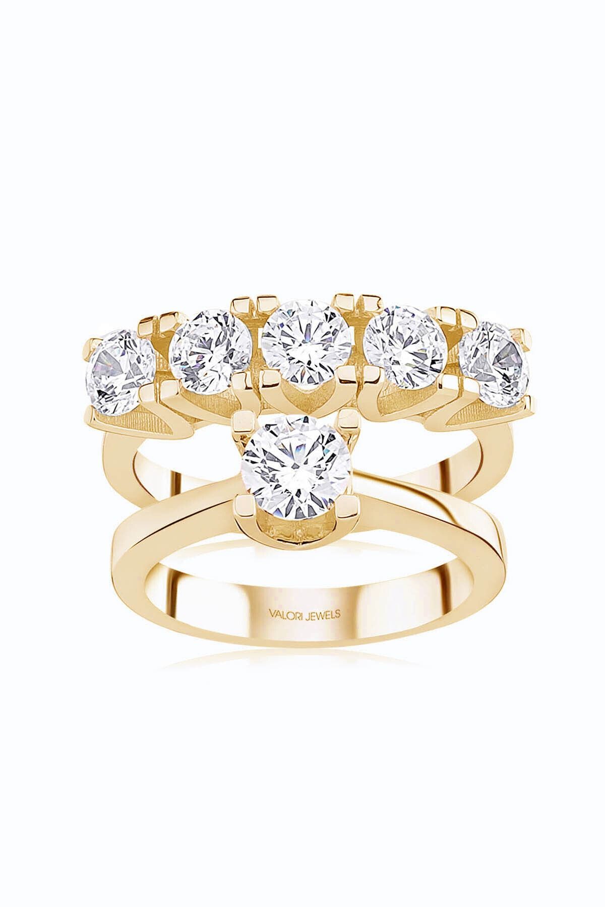 Valori Jewels V Montür, 1.9 Karat Swarovski Zirkon Taşlı, Altın Rengi Gümüş Tektaş Beştaş Yüzük Kombini