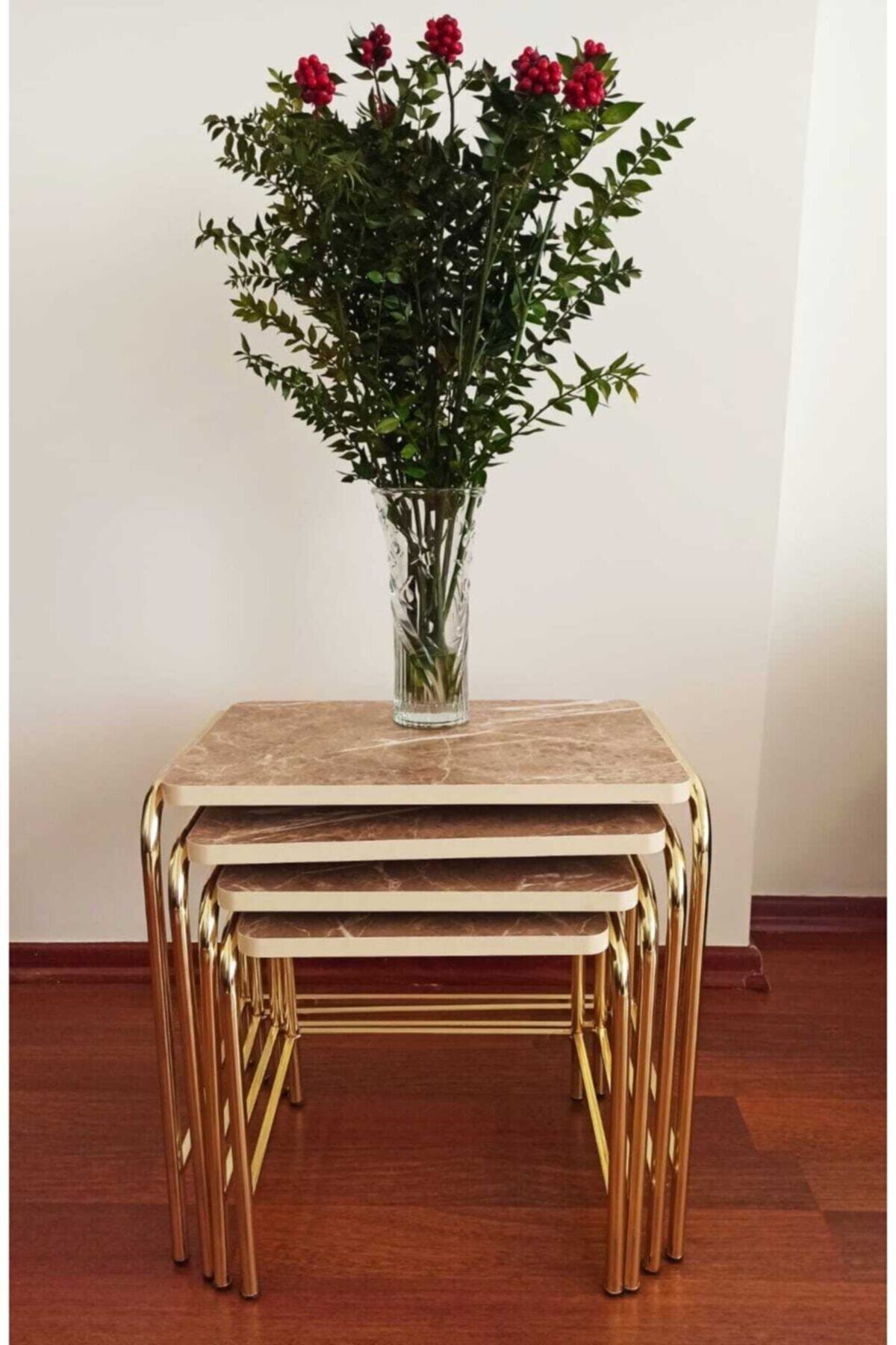 HOMEBELLA Kahverengi Mermer Desen Zigon Sehpa 1. Kalite Gold Nikelaj Salon Mutfak Oda Balkon Tse E1