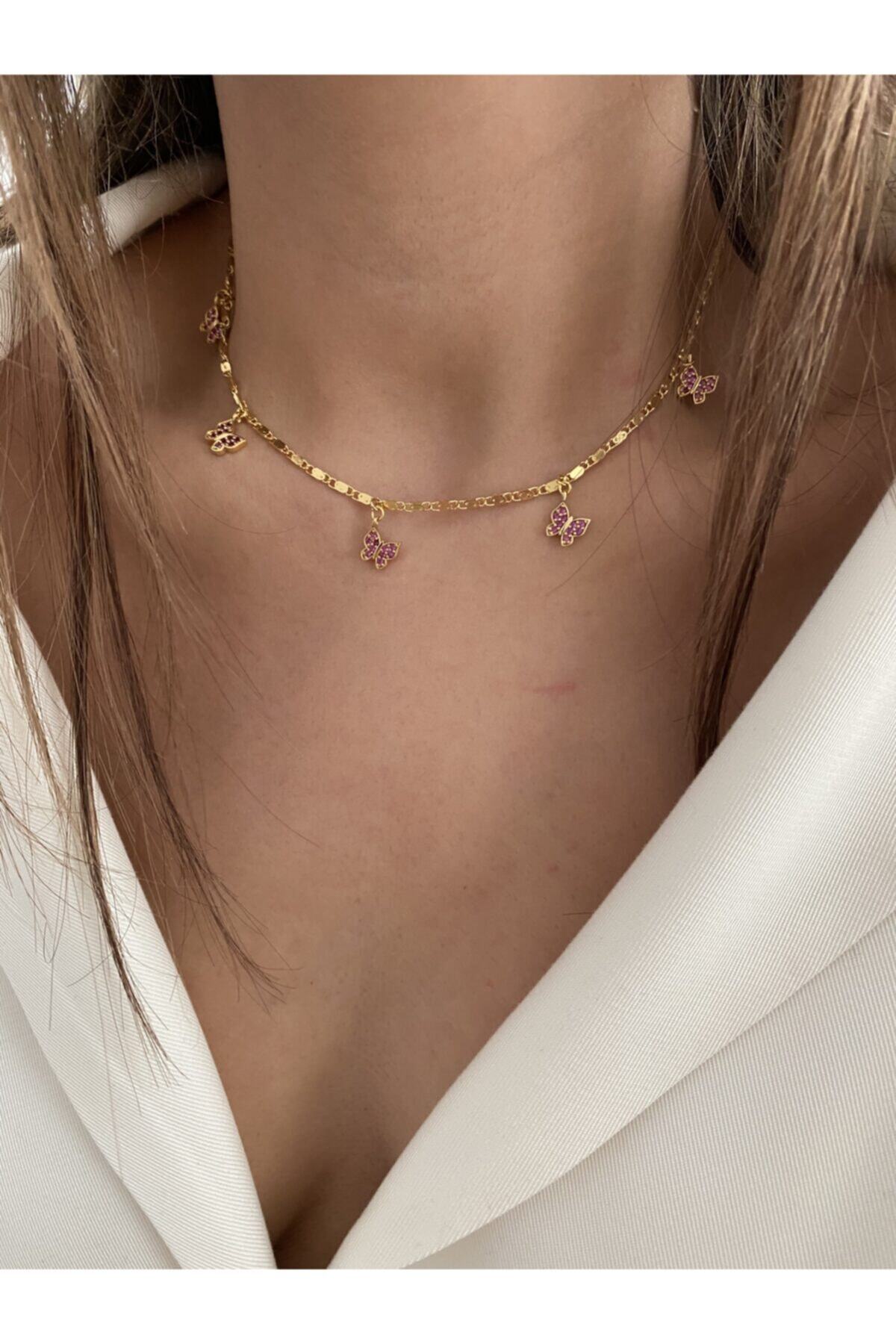vi store vi jewelry Pembe Taşlı Kelebek Kolye