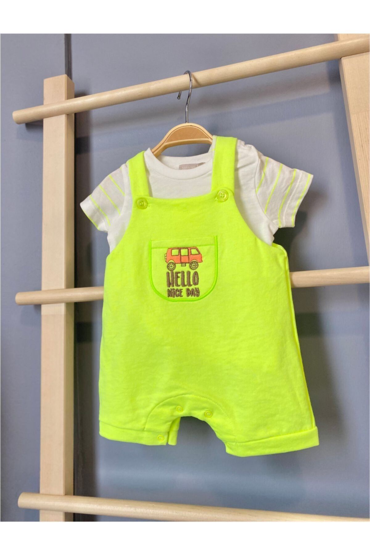 Cassiope Senem Neyiş Hello Baskılı Fosforlu Bebek Salopet 2li Takım