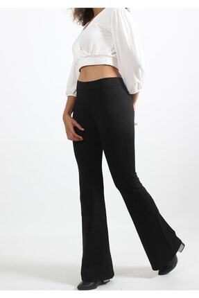 Kadın Çelik Örme Yüksek Bel Siyah Ispanyol Paça Pantalon Image 0
