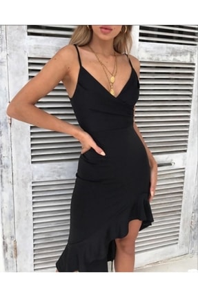 Siyah Esnek Krep Kumaş Eteği Asimetrik Volan Detaylı Askılı Mini Elbise Abiye Elbise 582058 677
