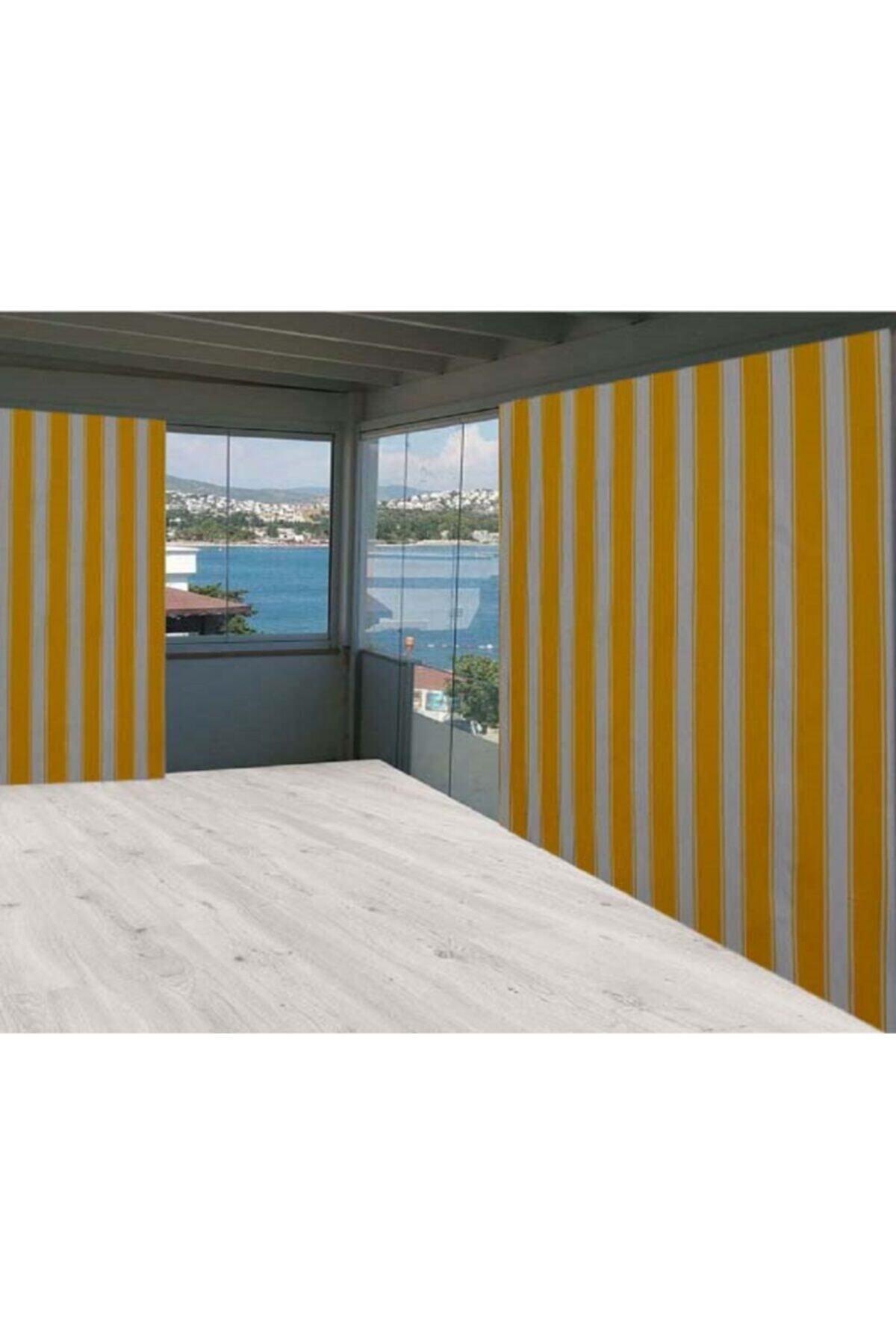 Evim Sarı Beyaz Çizgili Balkon Branda Perdesi 525/250