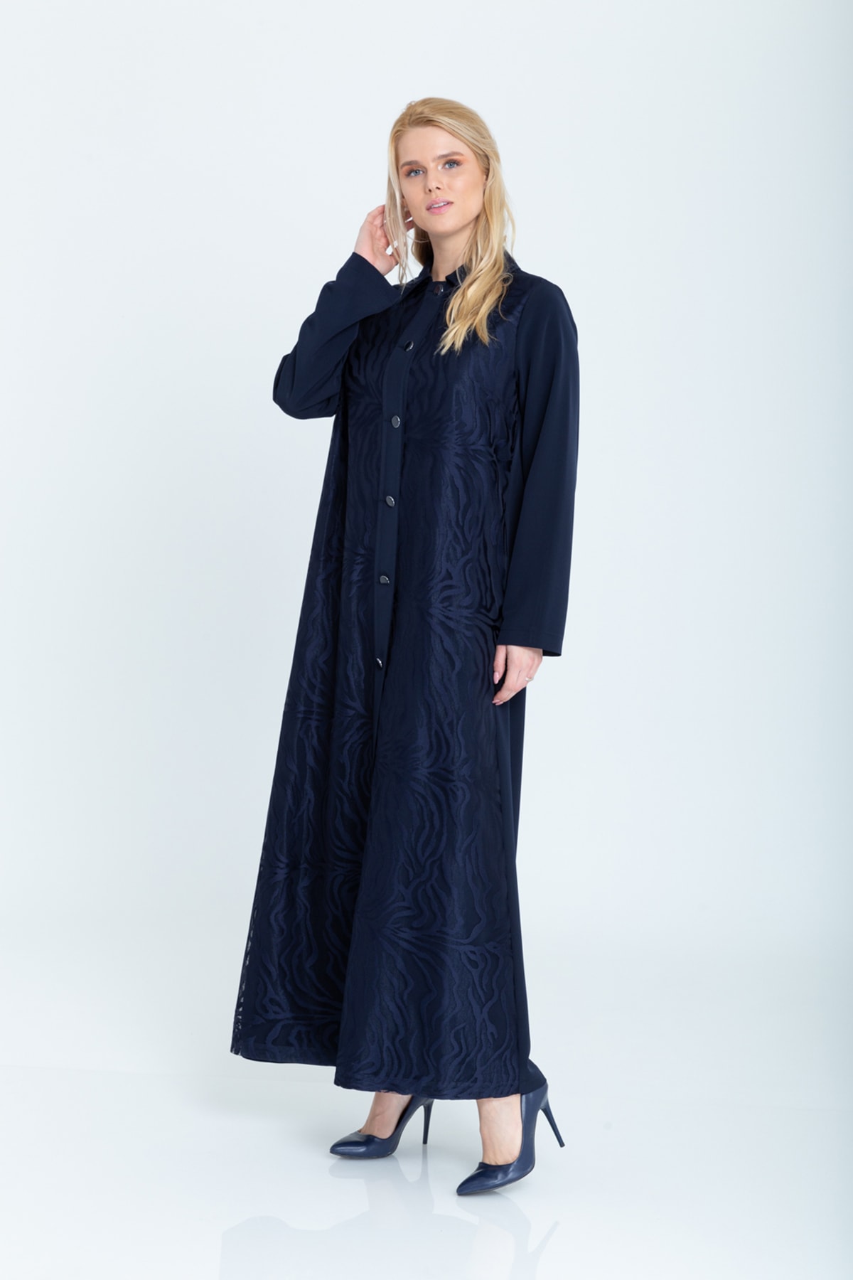 Olcay Kadın Lacivert Önü Zebra Dantelli Pardesü