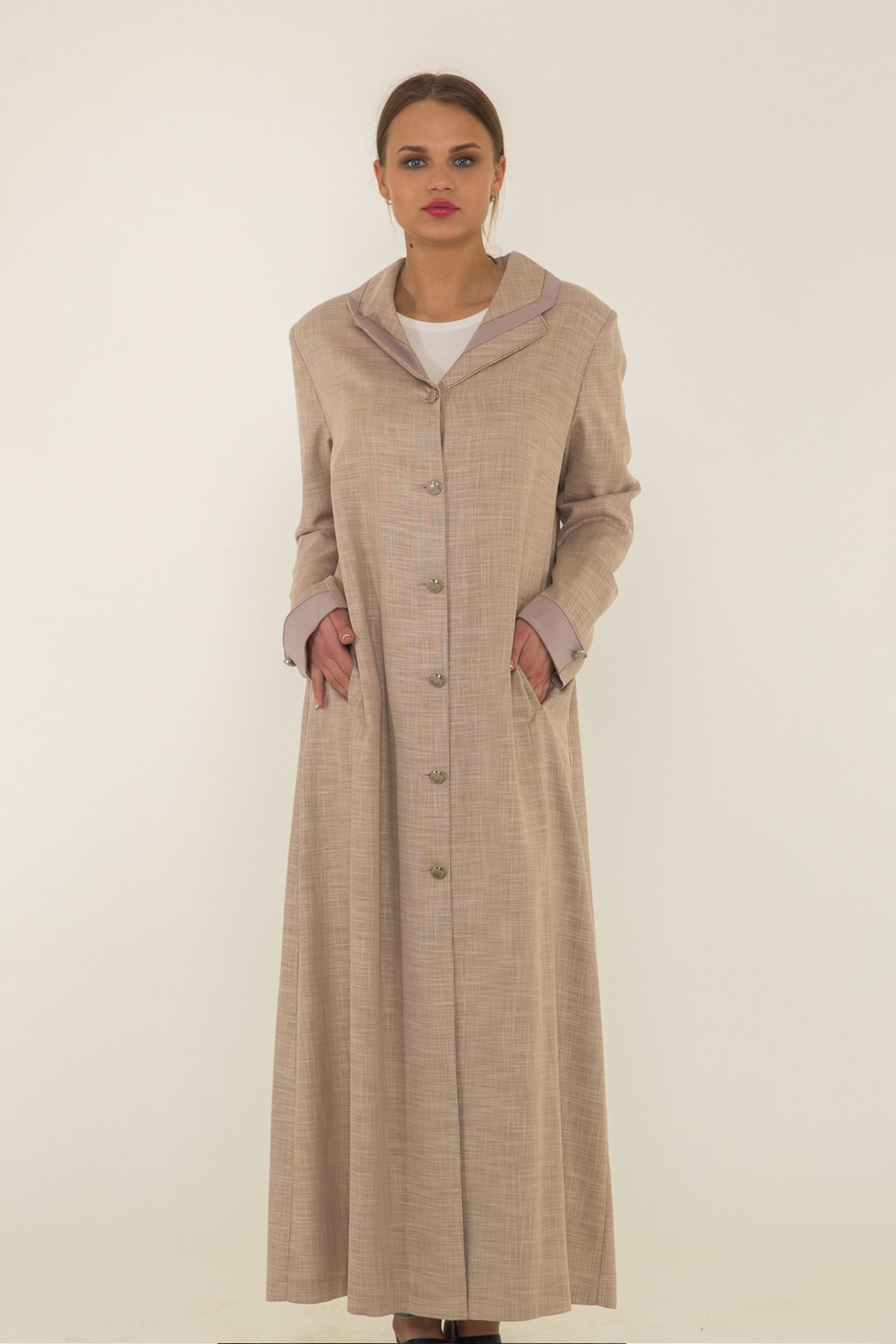 Olcay Kadın Bej Rengarenk Garnili Klasik Erkek Yaka Büyük Beden Pardesü