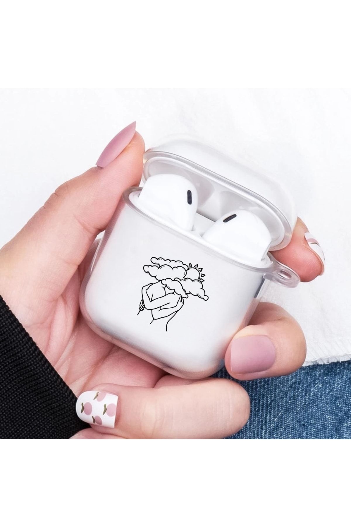 mooodcase Beyaz Güneş & Bulut Desenli Şeffaf Airpods Kılıfı