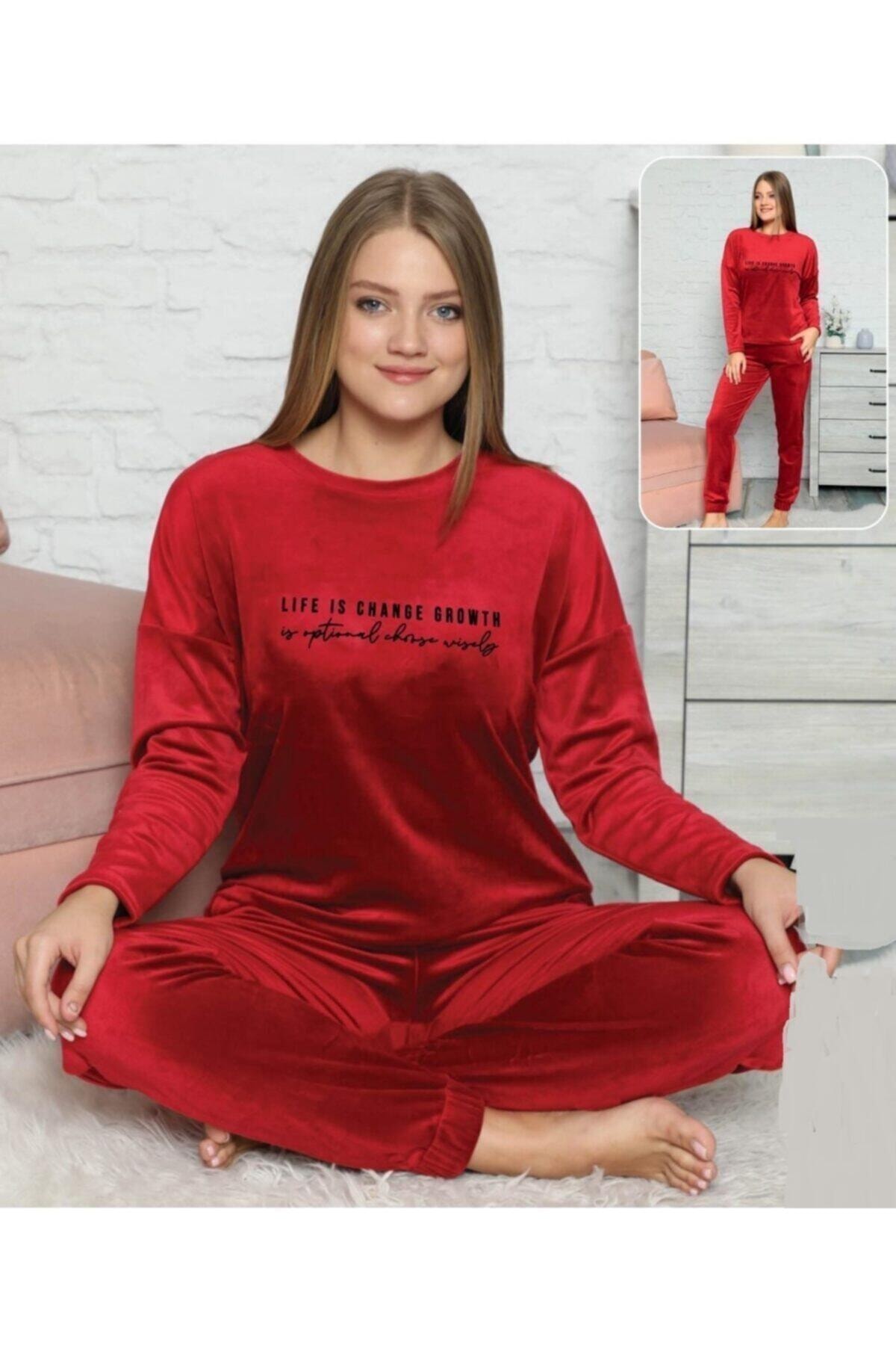 Mihra Stil Kadın Kırmızı Düz Kadife Pijama Takım Mihra-1575