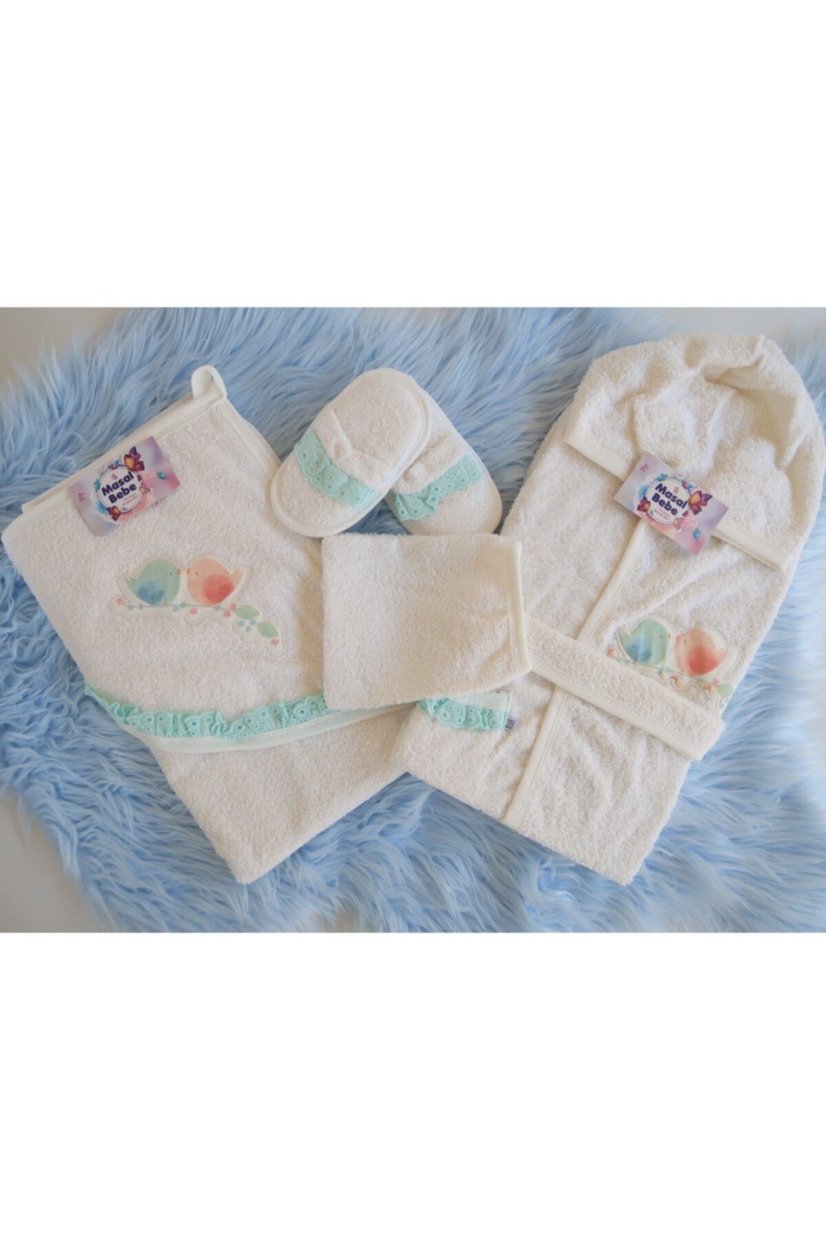 Bibaby Bebek Mint Kuşlu Bornoz Seti