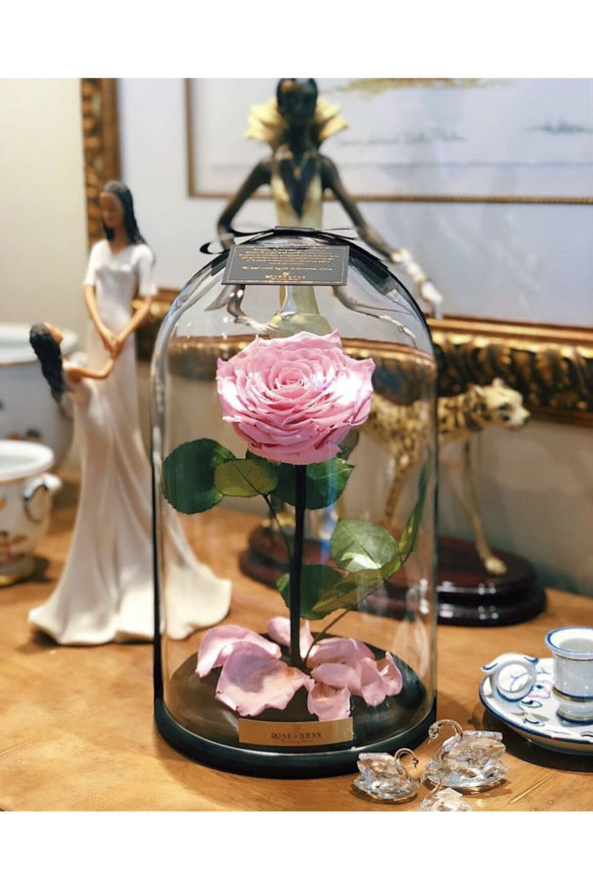 Rose and Bliss Cam Fanusta Pembe Büyük Boy Solmayan Gül