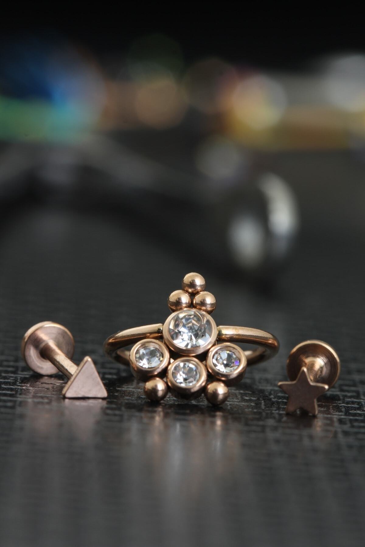 depozoom Zirkon Taşlı Cerrahi Çelik Kıkırdak Ve Tragus Set Piercing Roze
