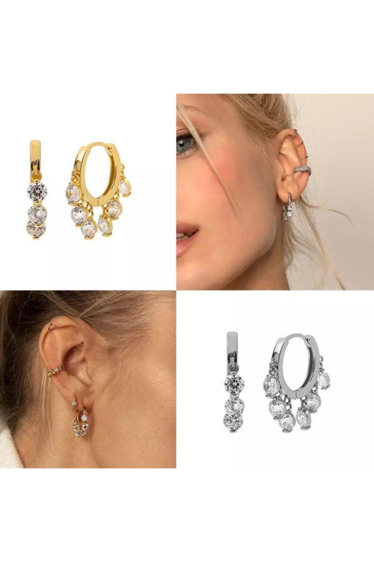 Jaida Moda Kadın Gold Ve Gümüş Renk Cerrahi Çelik Shakira Model Zirkon Taşlı Halka Küpe