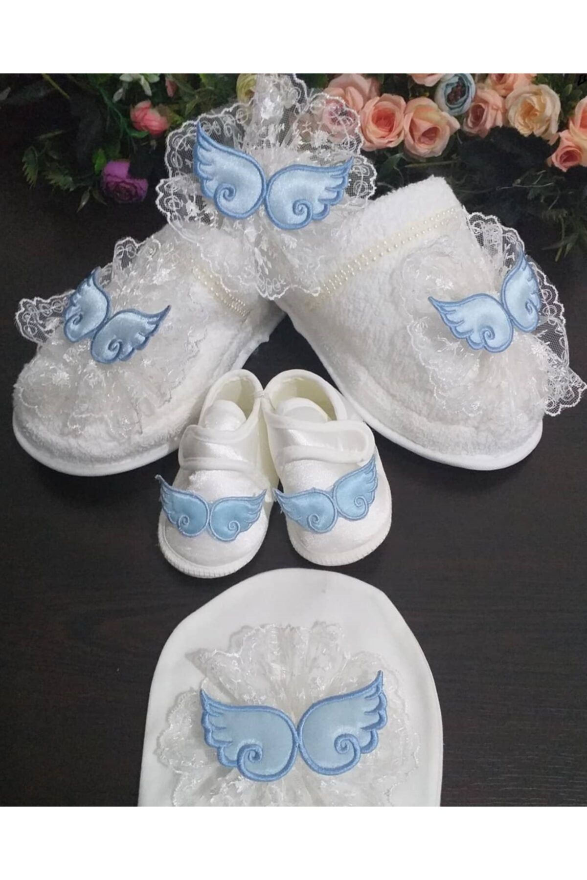 SÜSLÜTASARIM Anne Lohusa Terlik Taç Ve Bebek Patik Bandana Seti