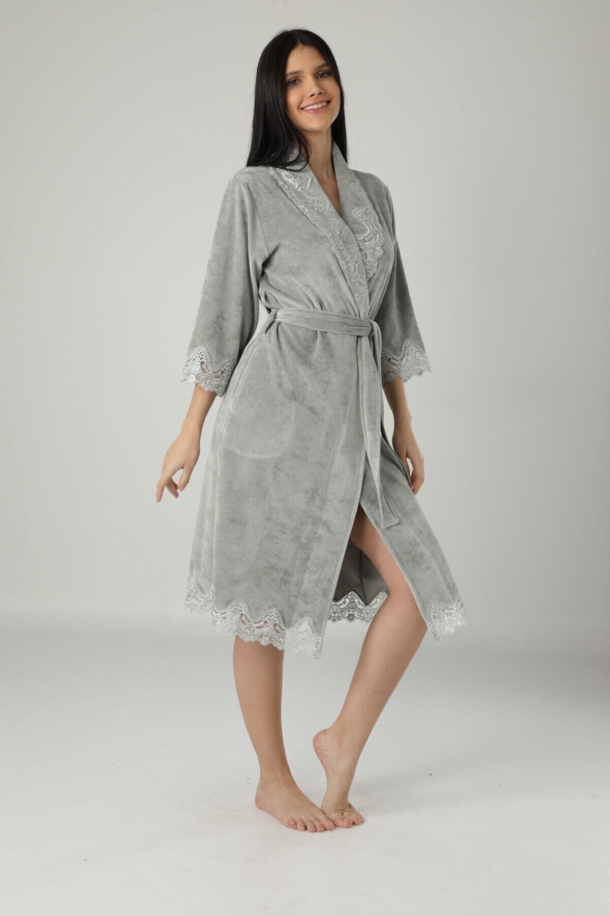 Nuşa Kadın Yeşil Mint Şal Yaka Dantelli Bambu Sabahlık