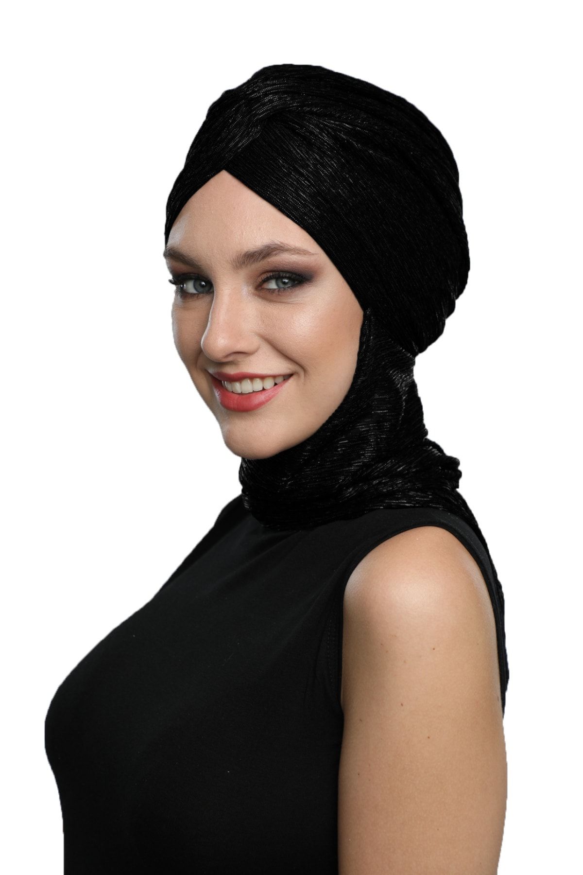 fidan bone Simli Çapraz Atkılı Astarlı Siyah Hazır Türban Tesettür Bone