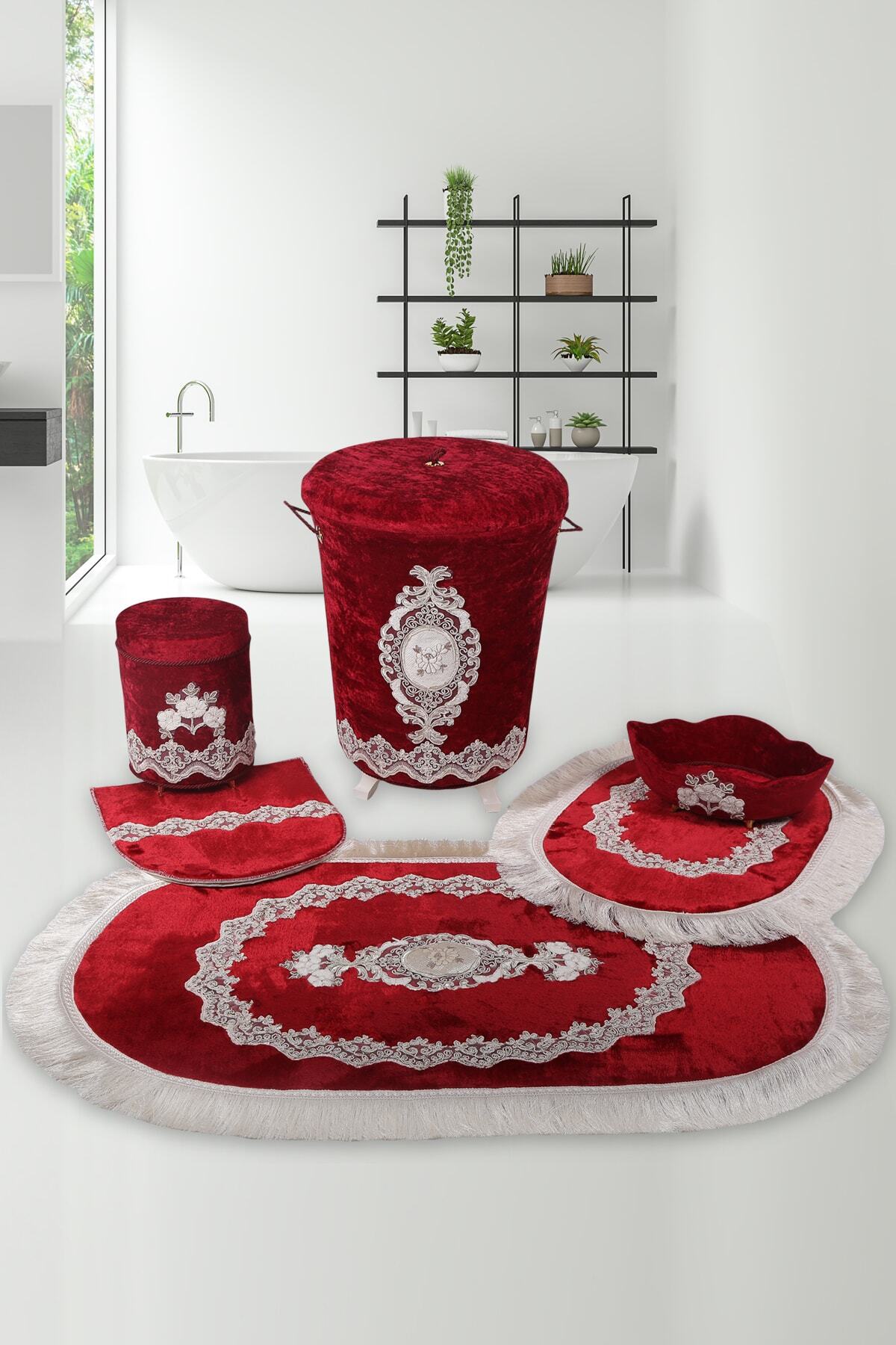 Bonny Home Bordo Dantelli Banyo Kirli Çamaşır Sepeti ve Banyo Paspası Seti 6 Parça