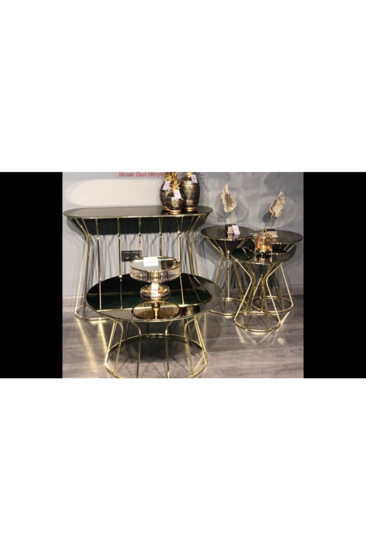 Gençtürk Gold Metal Bronz Aynalı 3 Lü Set Dresuar Orta Sehpa Zigon Sehpa