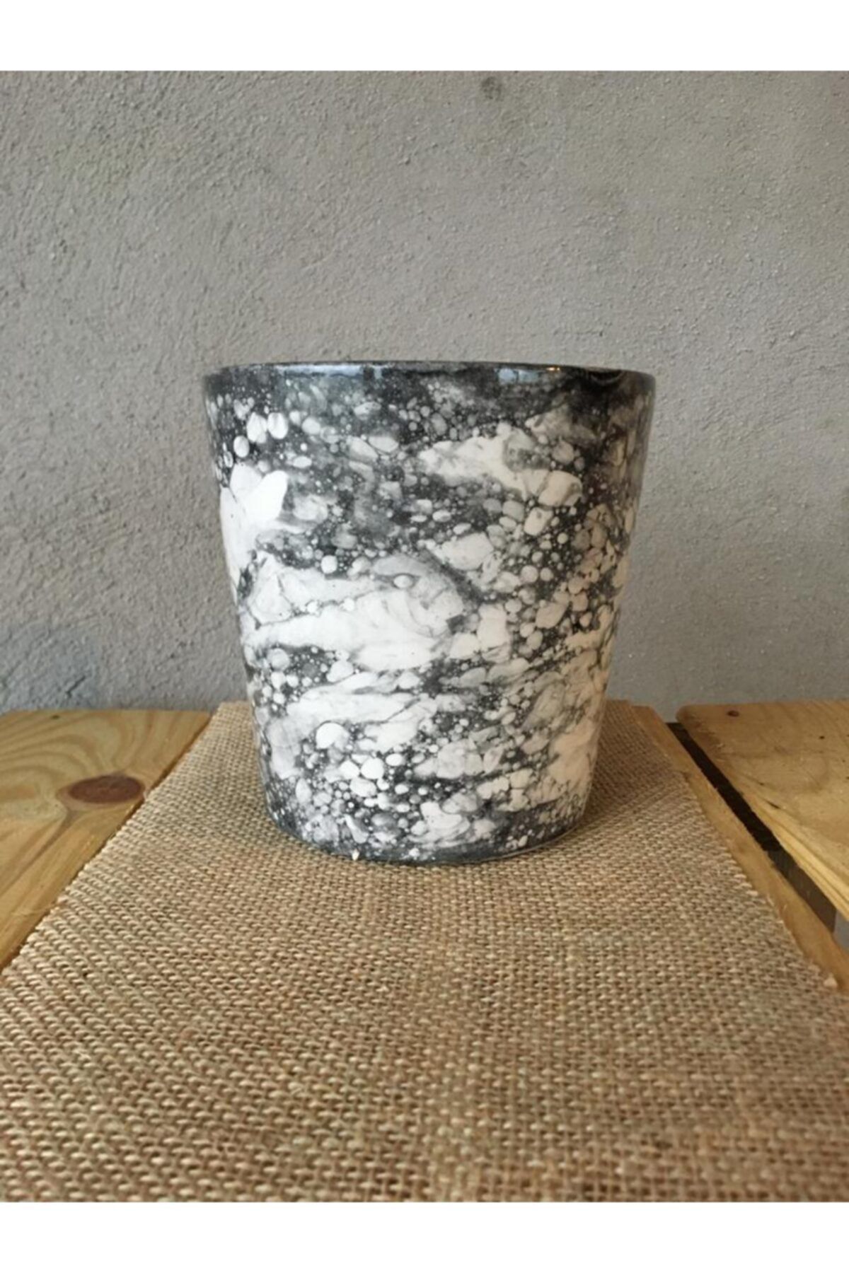 SUKULENTİSTANBUL Seramik Saksı - Orkide Saksısı 12cm- Ebruli Desen Çiçek Saksısı- Siyah
