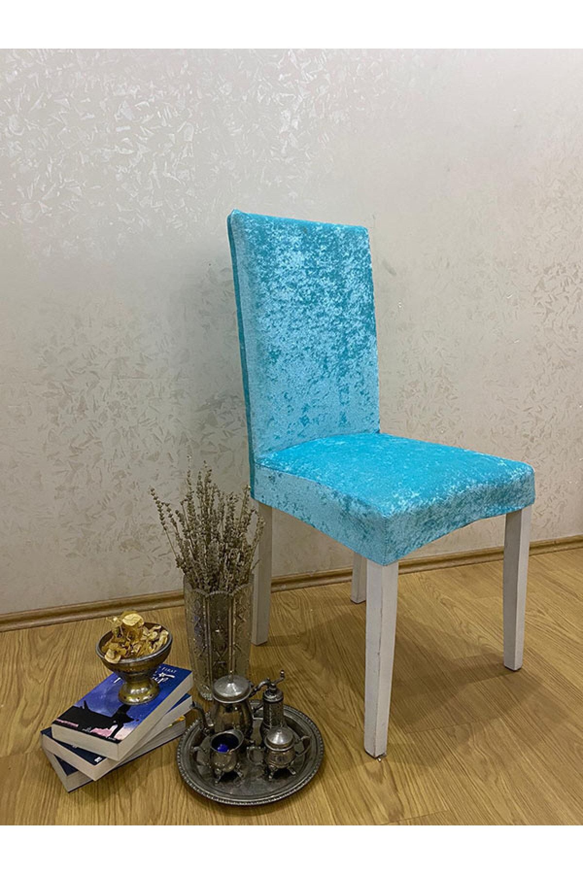 ERGÜL HOME Mavi Kadife Esnek Sandalye Örtüsü 6'lı