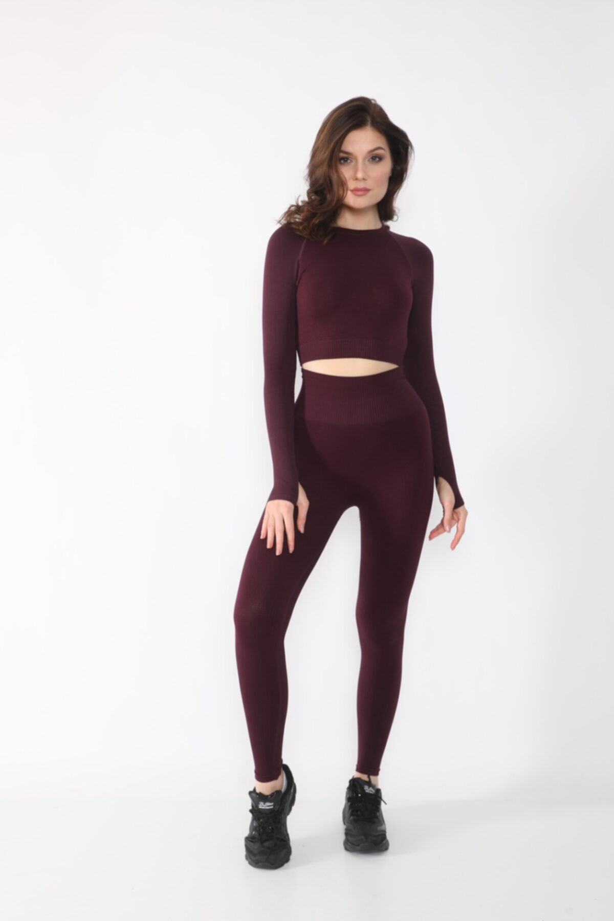 AKTF SPORTS Kadın Bordo Extra Yüksek Bel Dikişsiz Spor Takım