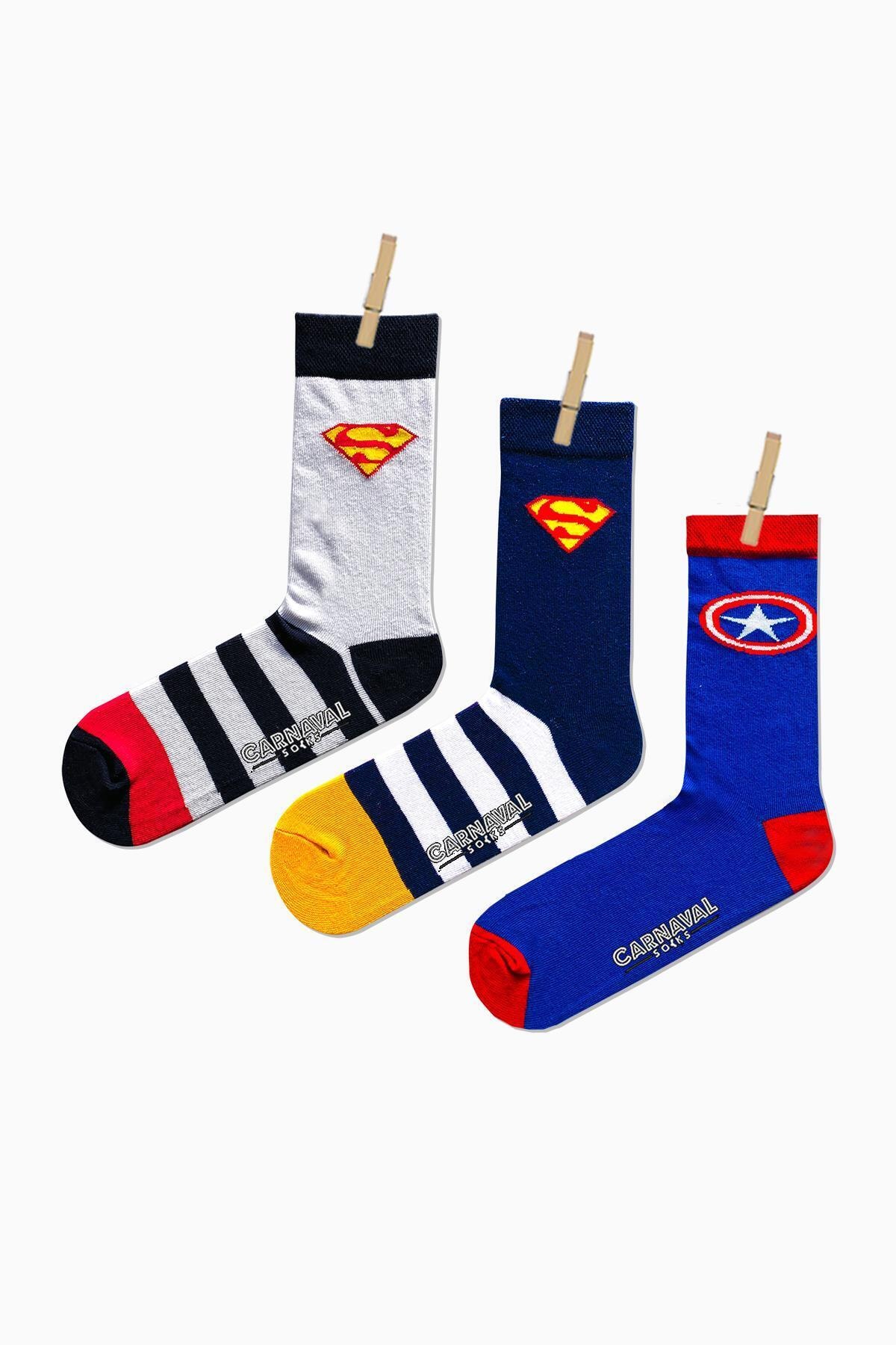 CARNAVAL SOCKS Unisex 3'lü Hero Desenli Renkli Çorap