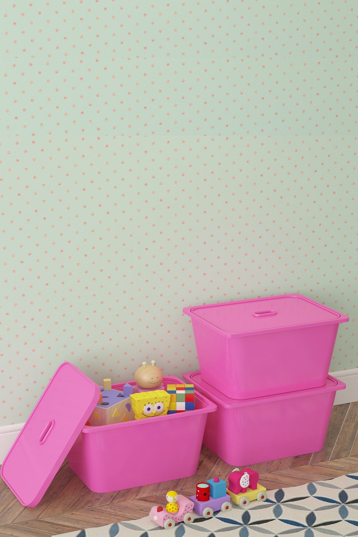 Pratico 3 Adet Açık Pembe Derin Kapaklı Oyuncak Sepeti 3ds3k