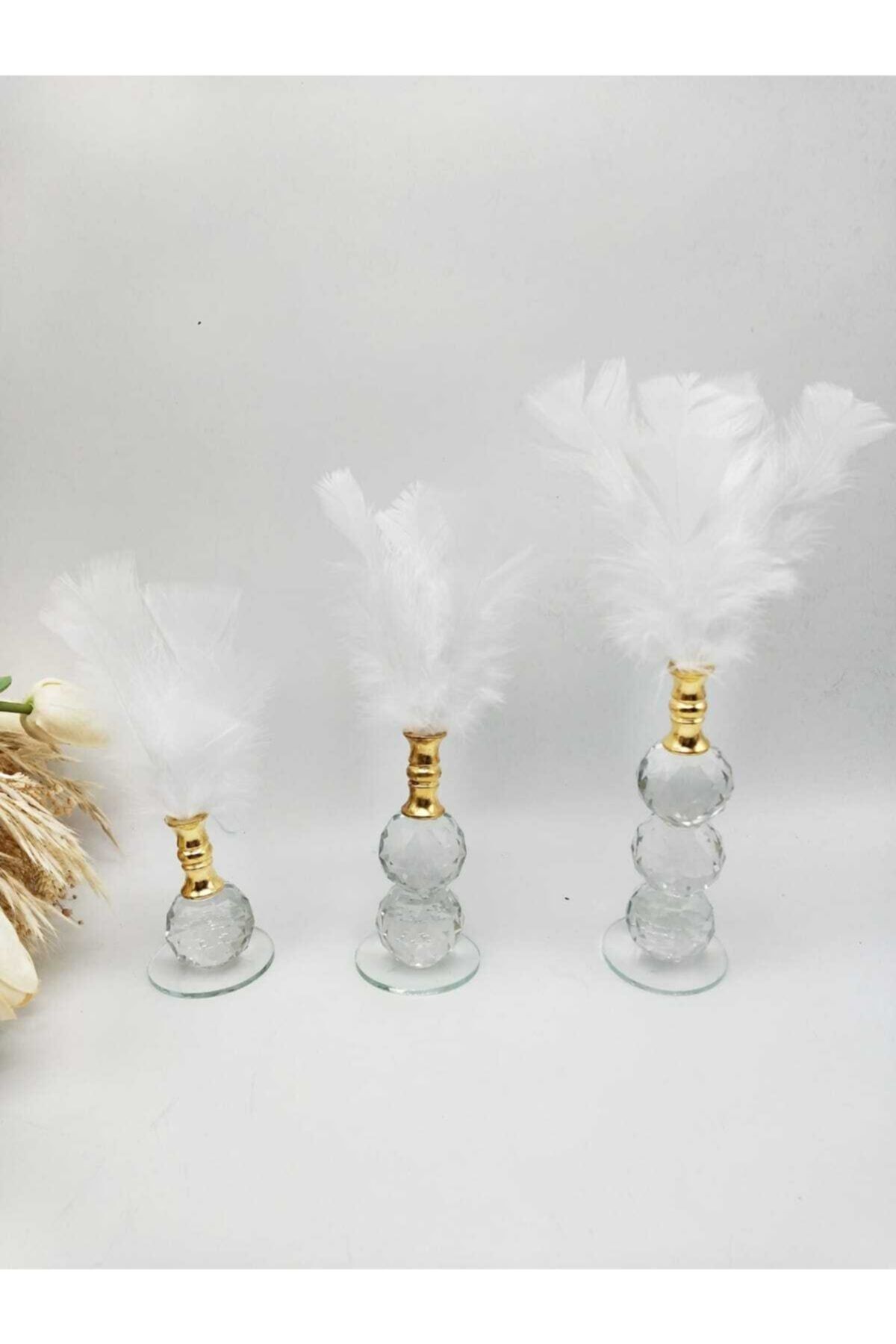 ZEKAAVM Üç Adet Gold Beyaz Tüylü Kristal Cam Dekor Ürünü