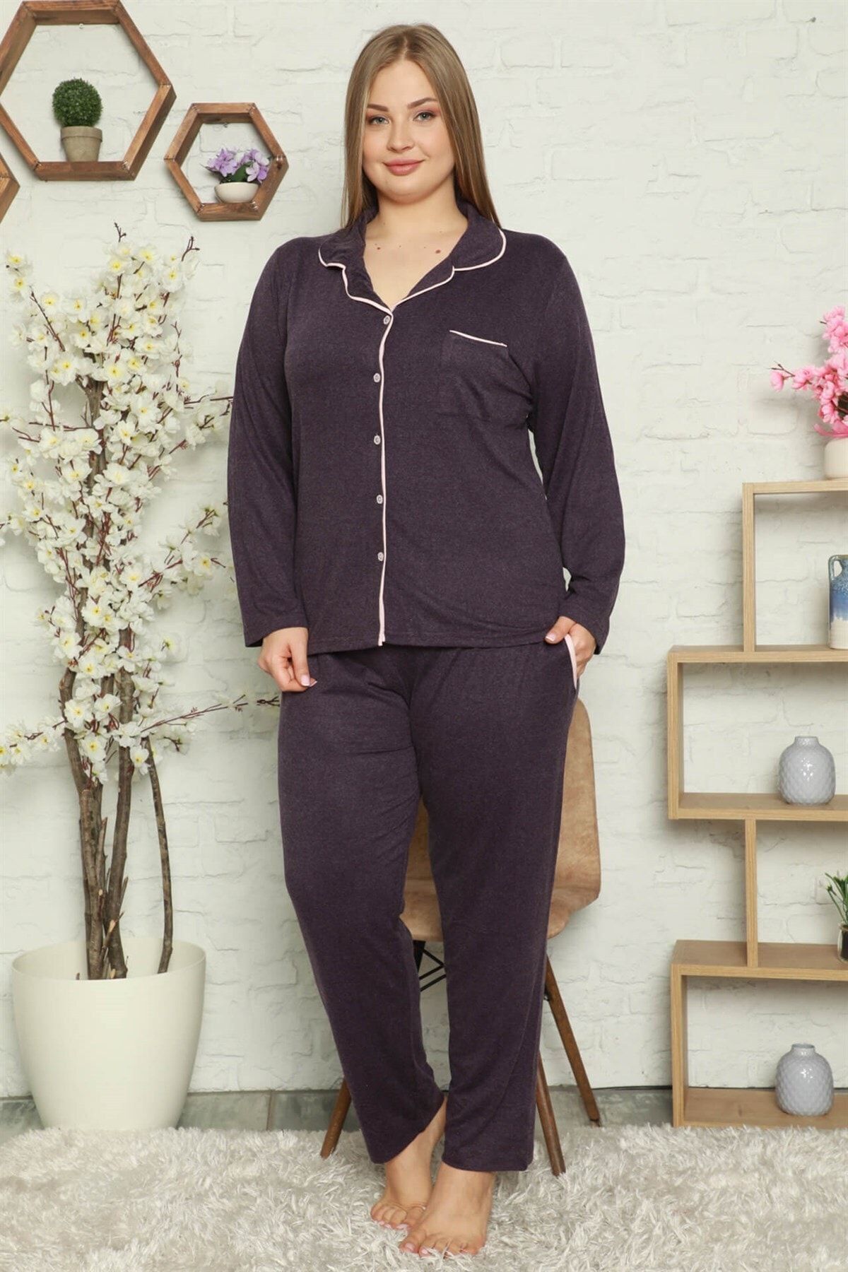 Cemrenur Kadın Mor Cepli Uzun Kol Büyük Beden Pamuklu Pijama Takımı