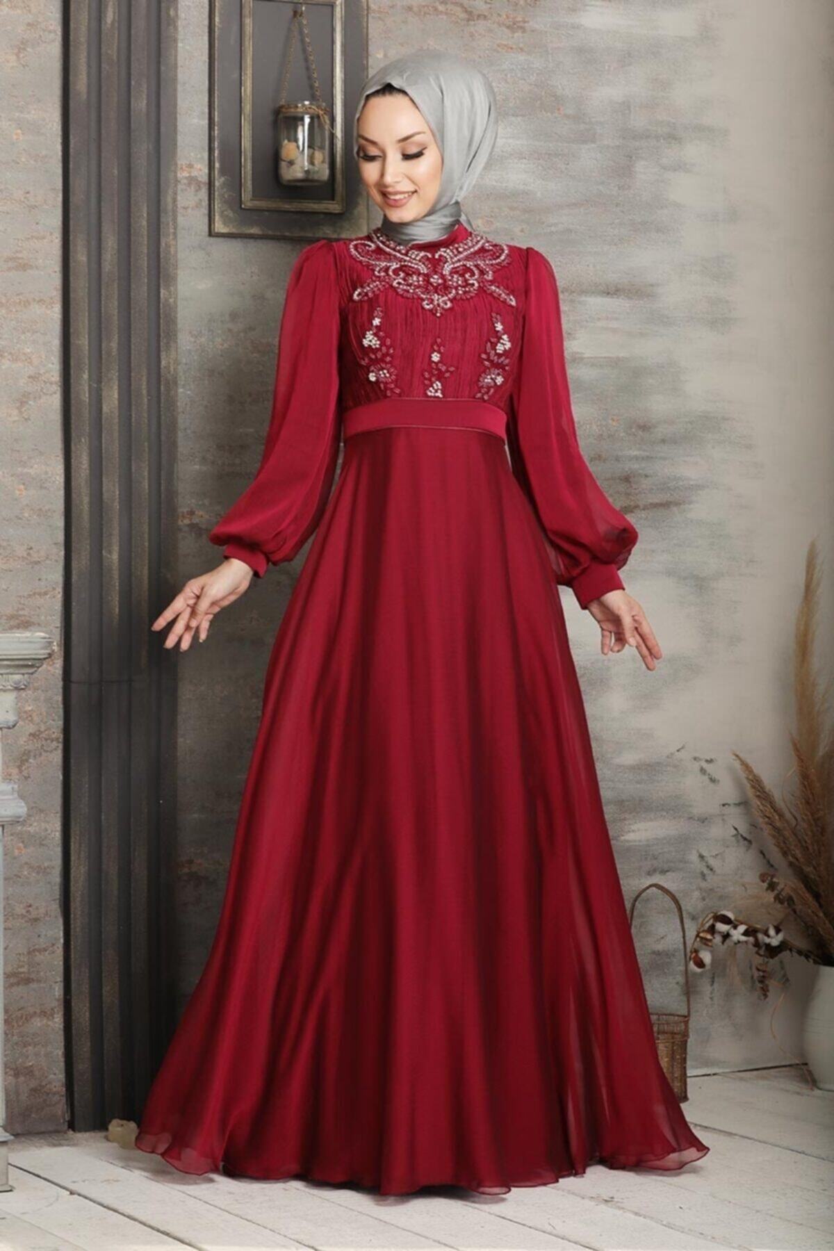 Neva Style Tesettürlü Abiye Elbise - Balon Kol Bordo Tesettür Abiye Elbise 2155br