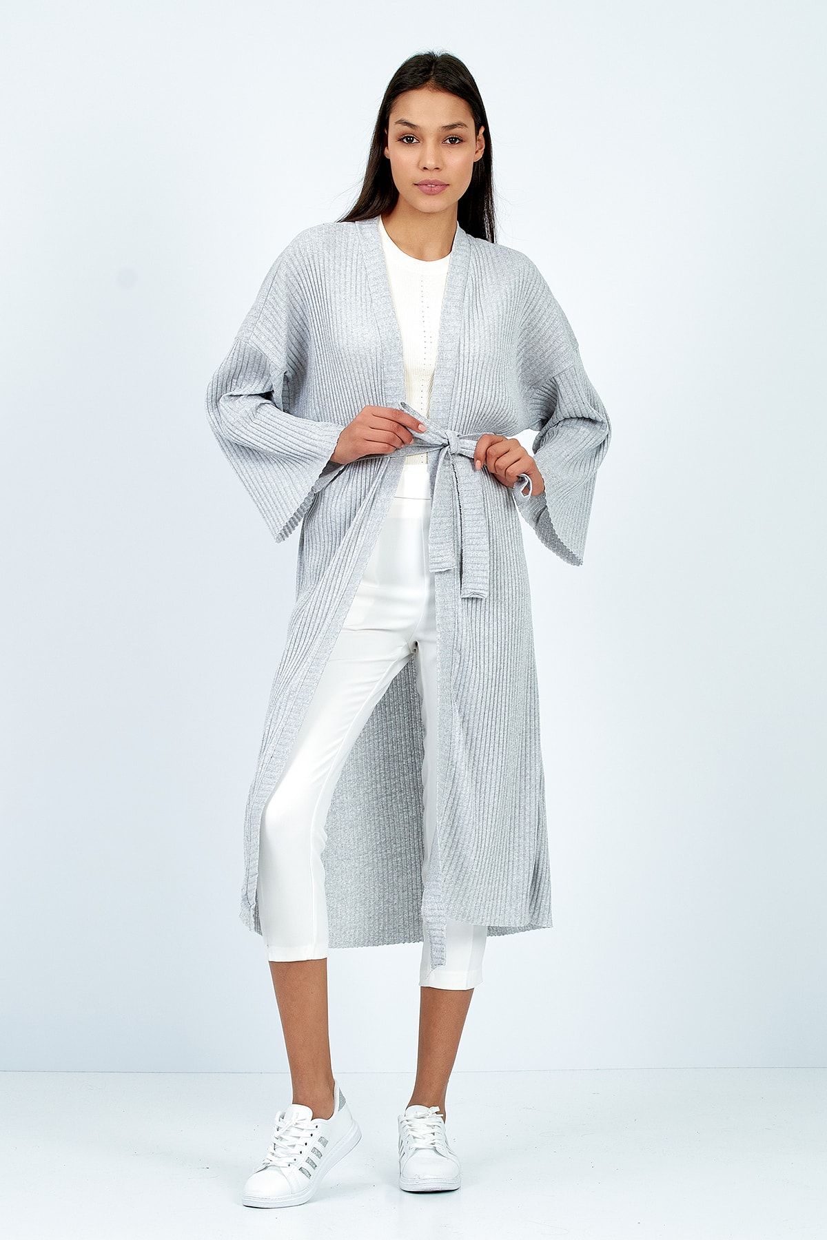 Zoze Tekstil Kadın Gri Fitilli Kimono Hırka