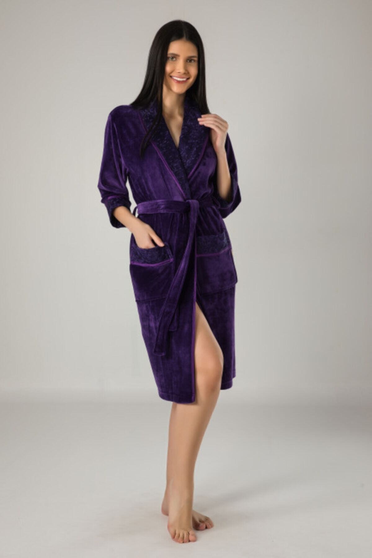 Nuşa Kadın  Mor Dantelli Şalyaka Bambu Sabahlık Bornoz