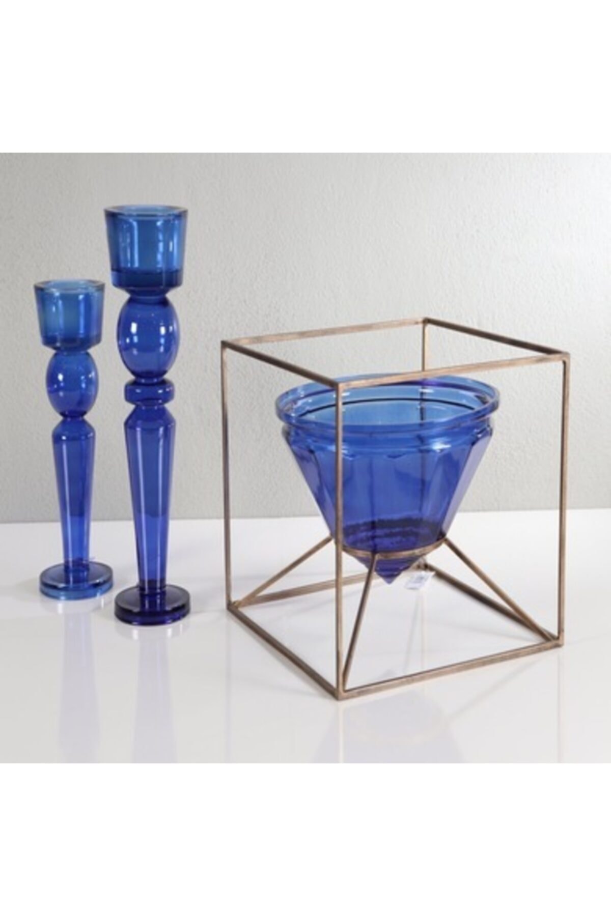 Evdema Üçlü Aksesaur Set Mavi Meyvelik 2 Li Mumluk 3 Lü Cam Dekoratif Obje