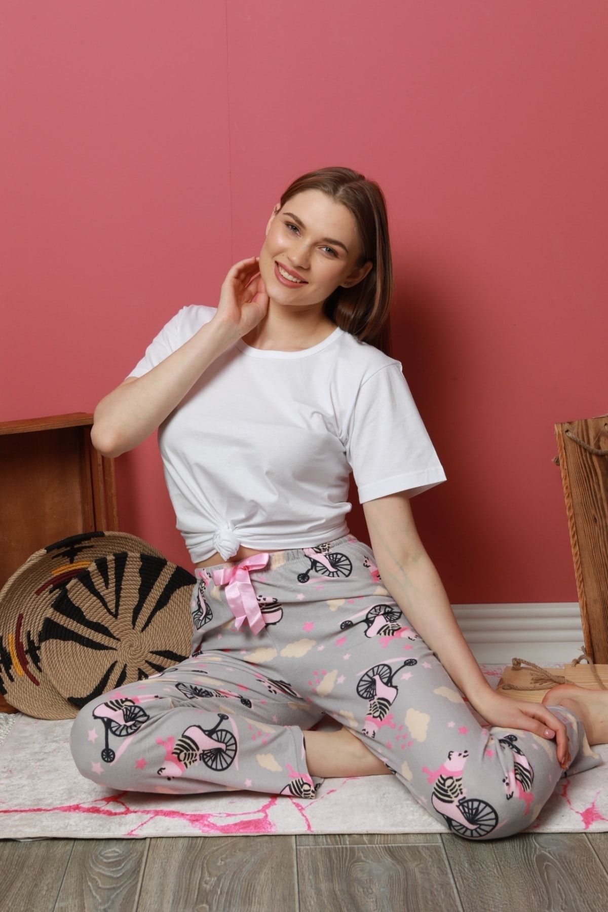 pijamacity Kadın Gri Desenli Ince Kadife Pijama Altı