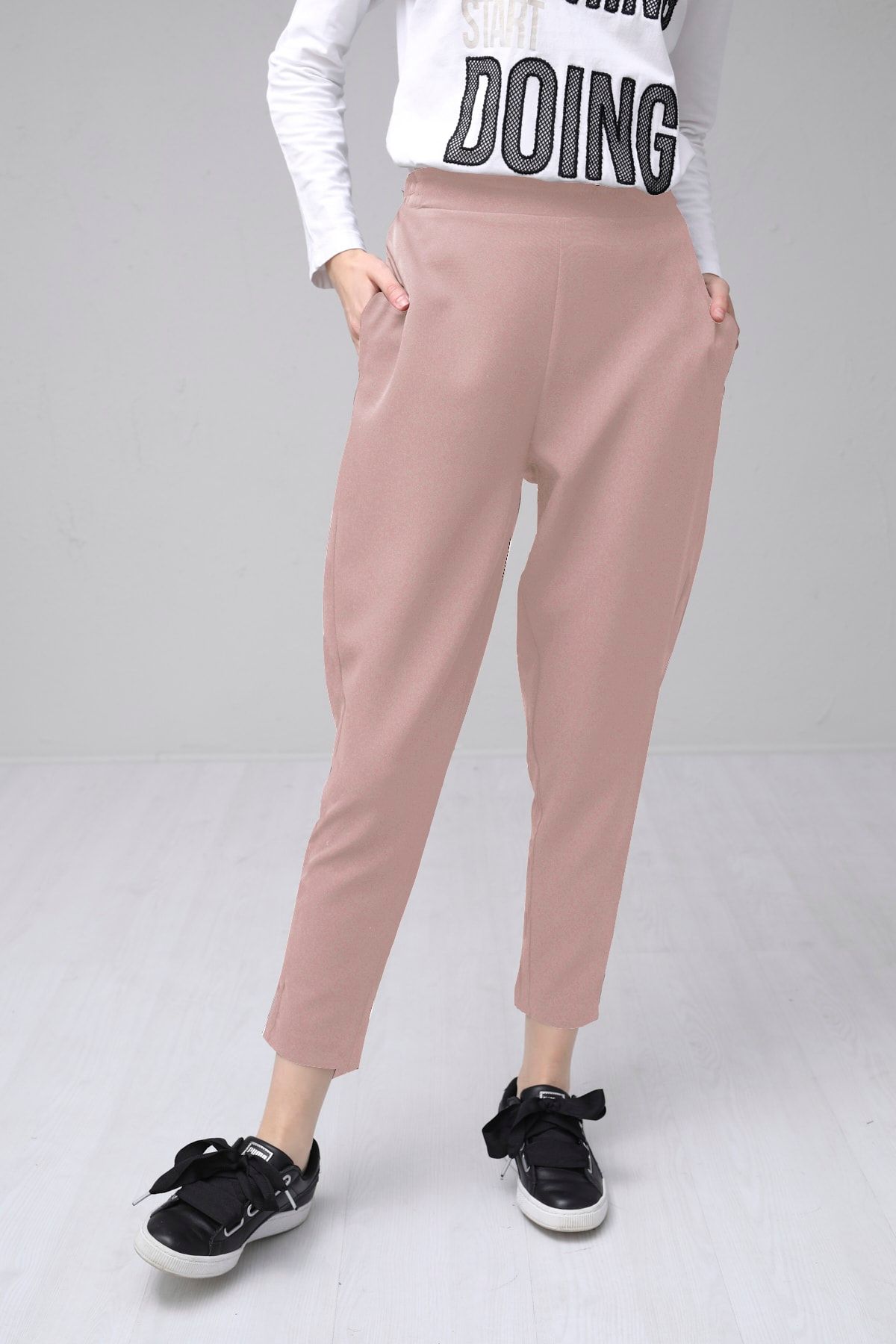 Moodbasic Kadın Pembe Havuç Kesim Krep Pantolon