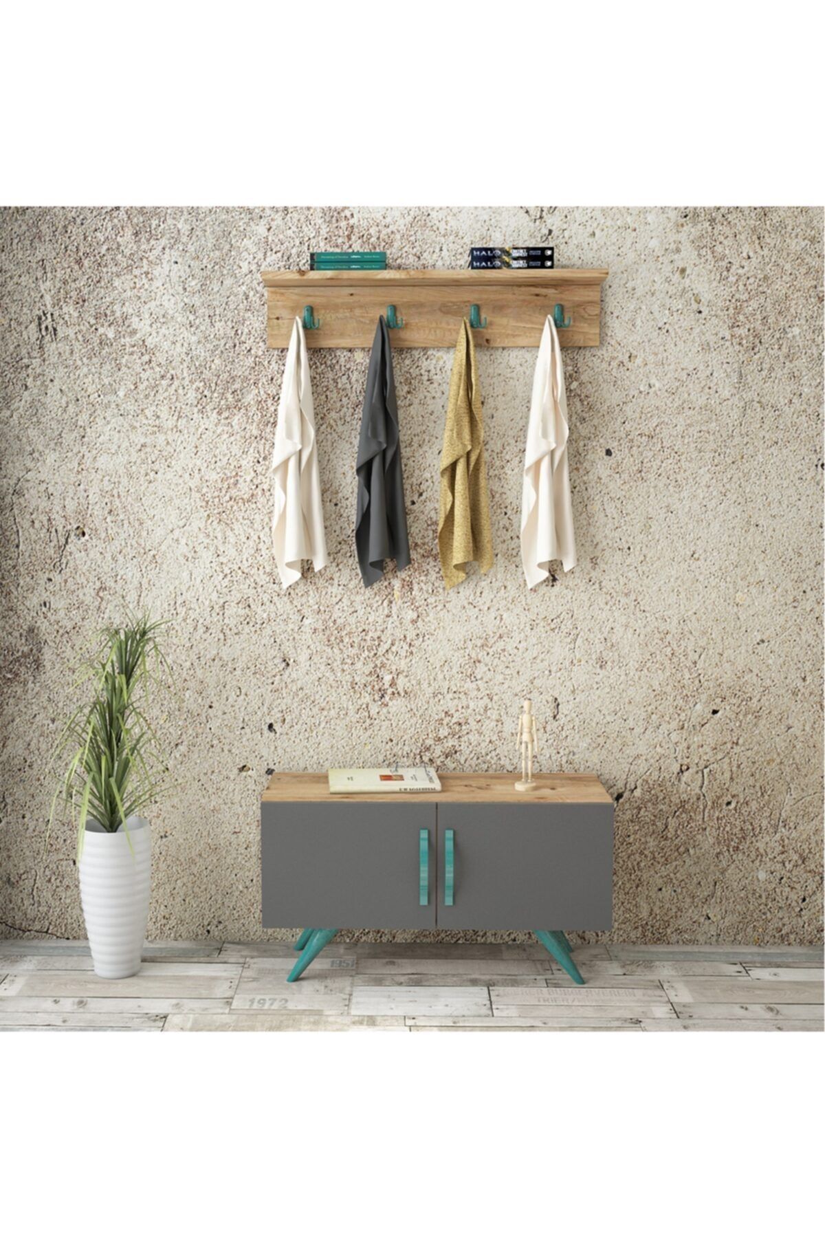 Yurudesign Antrasit Turkuaz Çam Box4 Ayakkabılık Vestiyer Portmanto Ec12-at