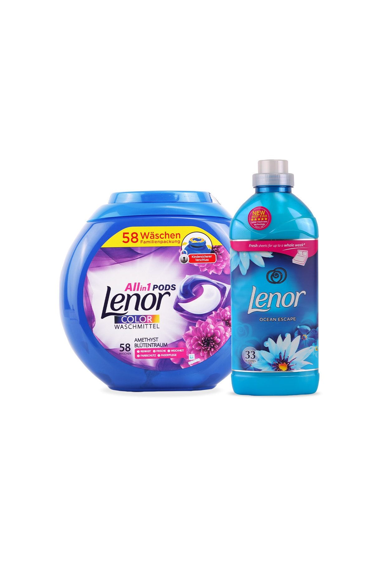 lenor Ametist Çiçeği 58 Yıkama Kapsül Deterjan ve Okyanus 1155 ml 33 Yıkama Yumuşatıcı Set