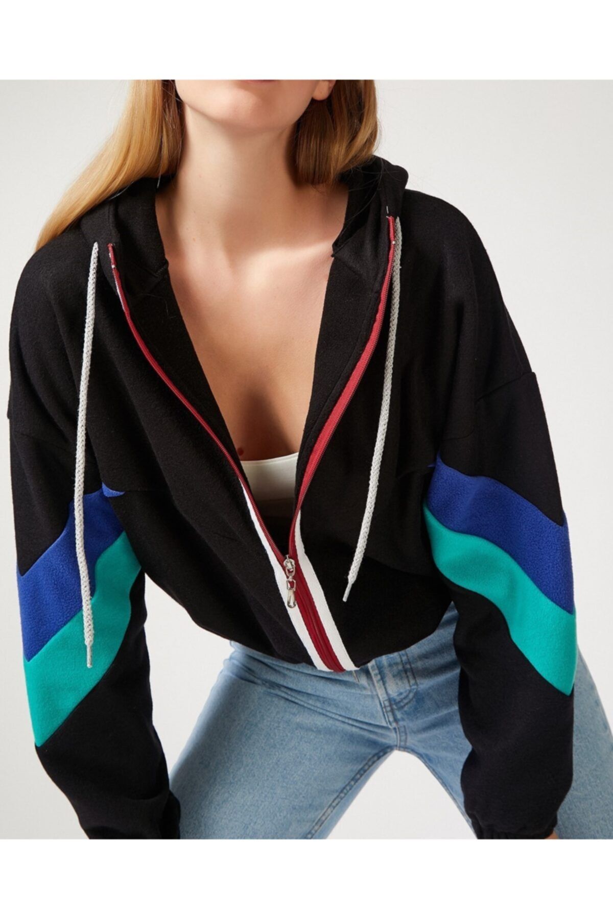 AQE FASHION Kadın Siyah Kapüşonlu Fermuarlı Sweatshirt Polar