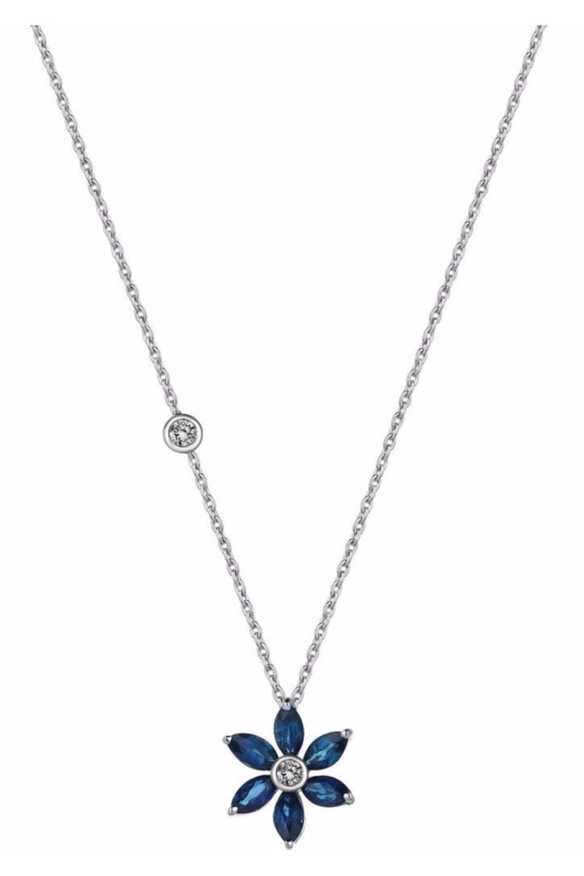 DİAMOND BY Naci Şenocaklı Pırlanta, Safir Ile Işlenmiş 18 Ayar Beyaz Altın Özgün Tasarım Özel Üretim Taşlı Çiçek Kolye