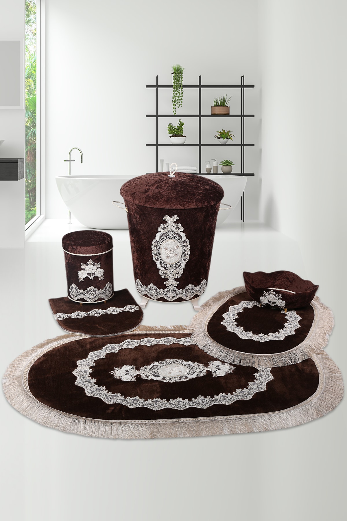 Bonny Home Kahve Exclusive Dantelli Banyo Kirli Çamaşır Sepeti ve Banyo Paspası Seti 6 Parça