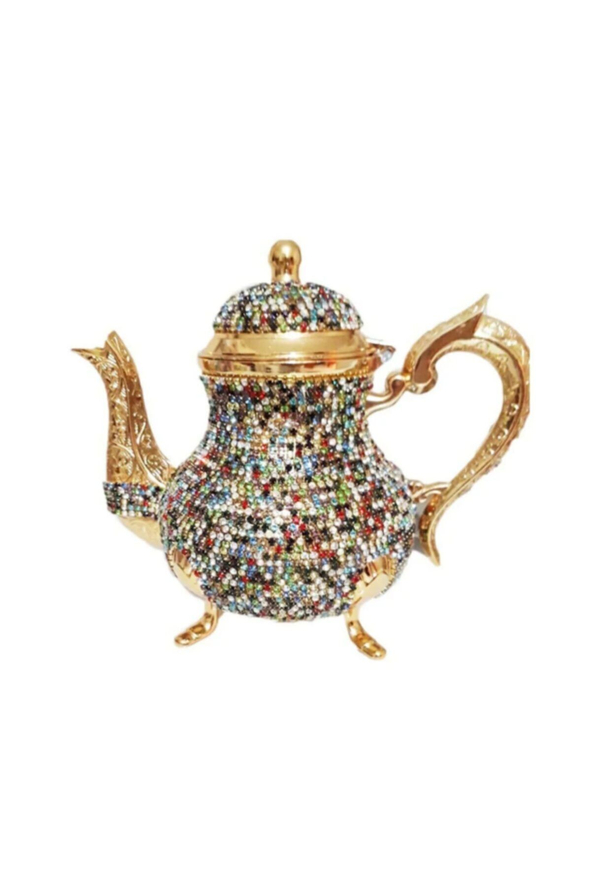 İPEK BAKIRCILIK Swarovski Taş Işlemeli Lüks Demlik Kristal Taşlı Bakır Demlik 1500 Ml Gold