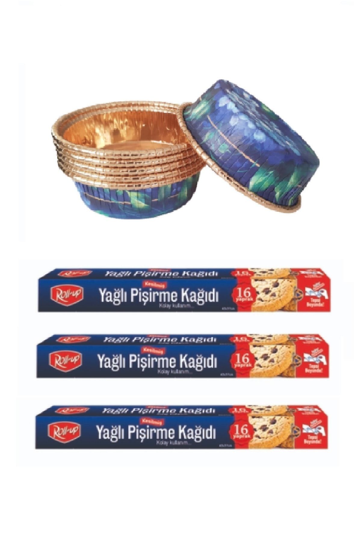 RollUp 3 Kutu 16 Yaprak Kesilmiş Yağlı Kağıt Ve 6 Adet Premium Tatlı Kase Set-1
