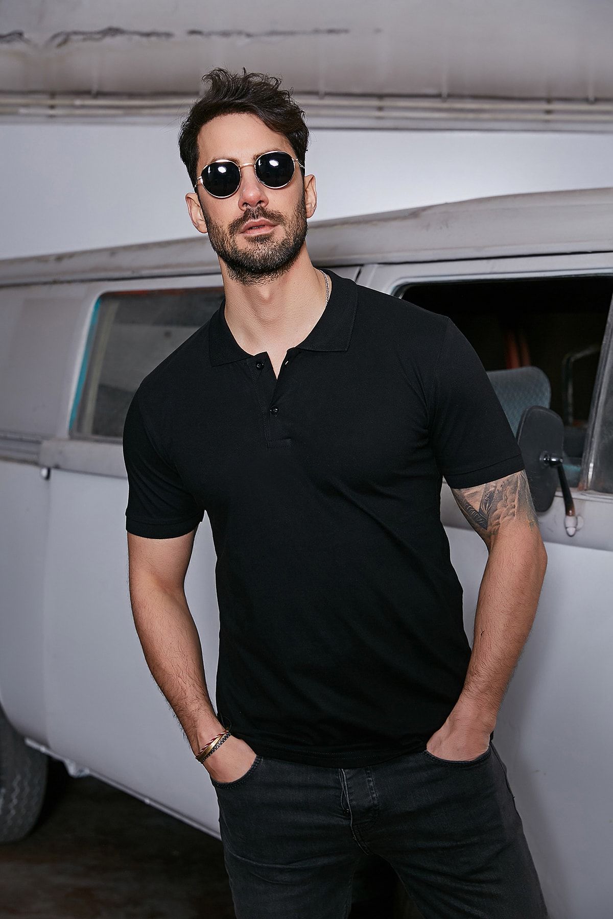 Sateen Men Siyah Polo Yaka T-Shirt