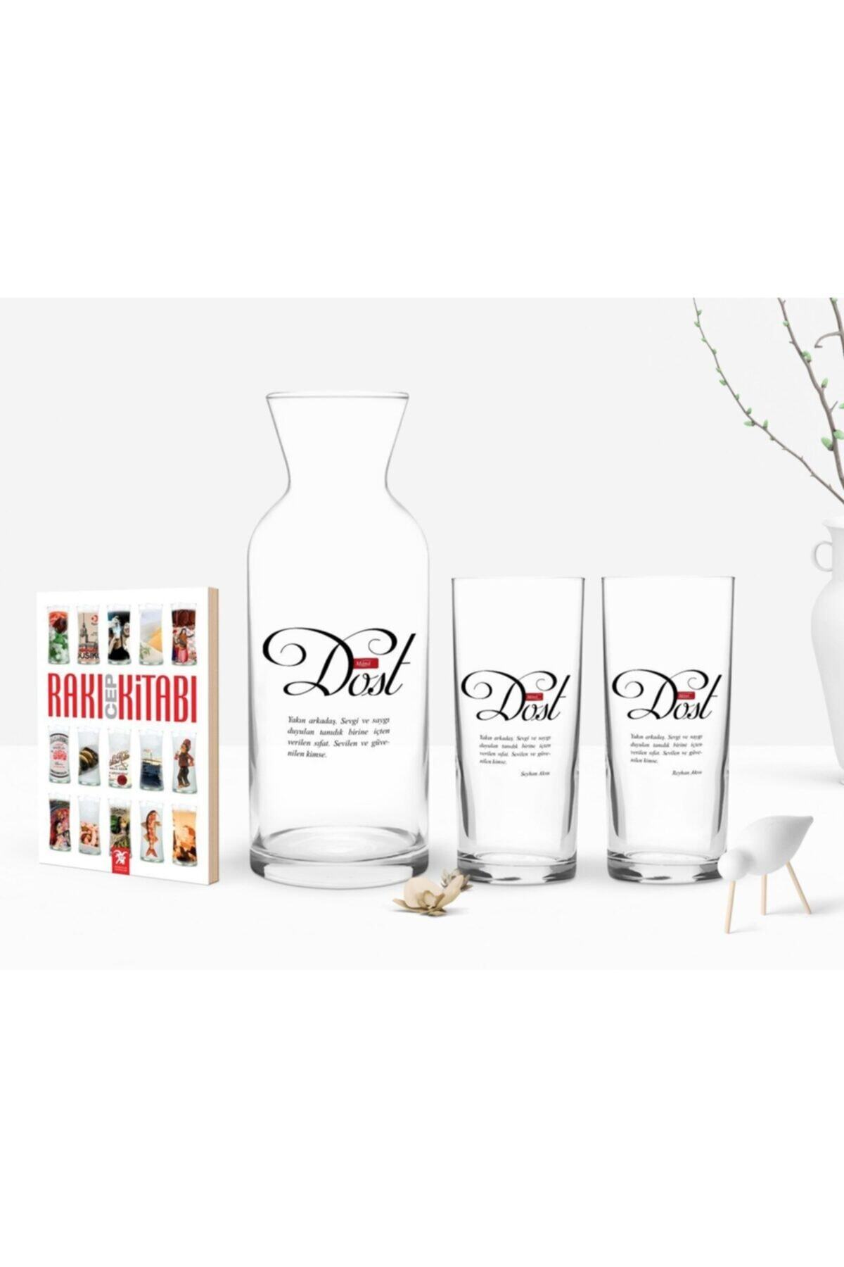 BK Kişiye Özel Renkli Baskılı Mânâ Dost Tasarımlı Ikili Rakı Bardağı Karaf Ve Cep Kitabı Hediye Seti-1