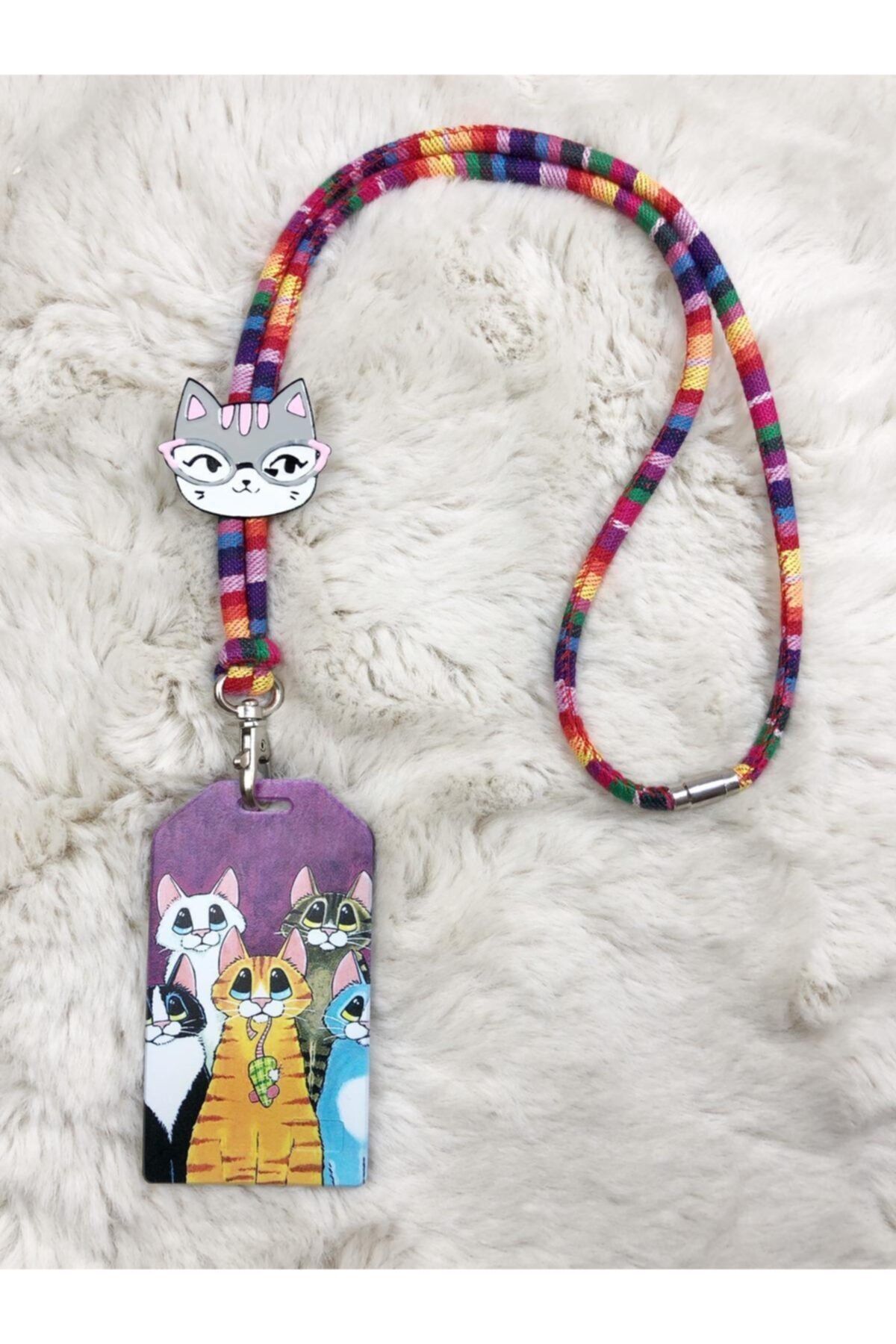 Hediyebum Gökkuşağı Hasır Ip Askı Kedi Rozet ve Kartlık Set