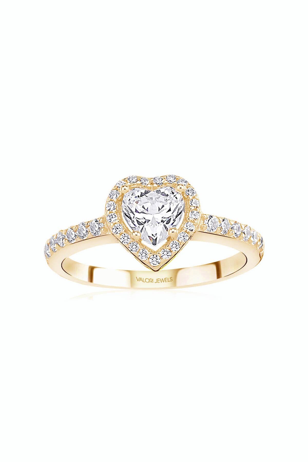 Valori Jewels Kalp, 0.75 Karat Swarovski Zirkon Taşlı, Altın Rengi Gümüş Tektaş Yüzük