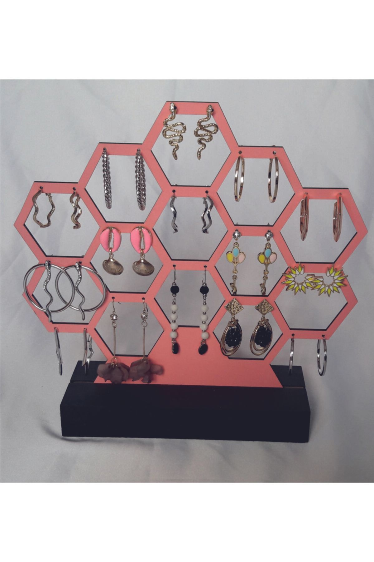 Tiydem Ahşap Küpe Standı Petek Desenli Küpe Takı Düzenleyici Modern Takı Organizeri Pembe Renk