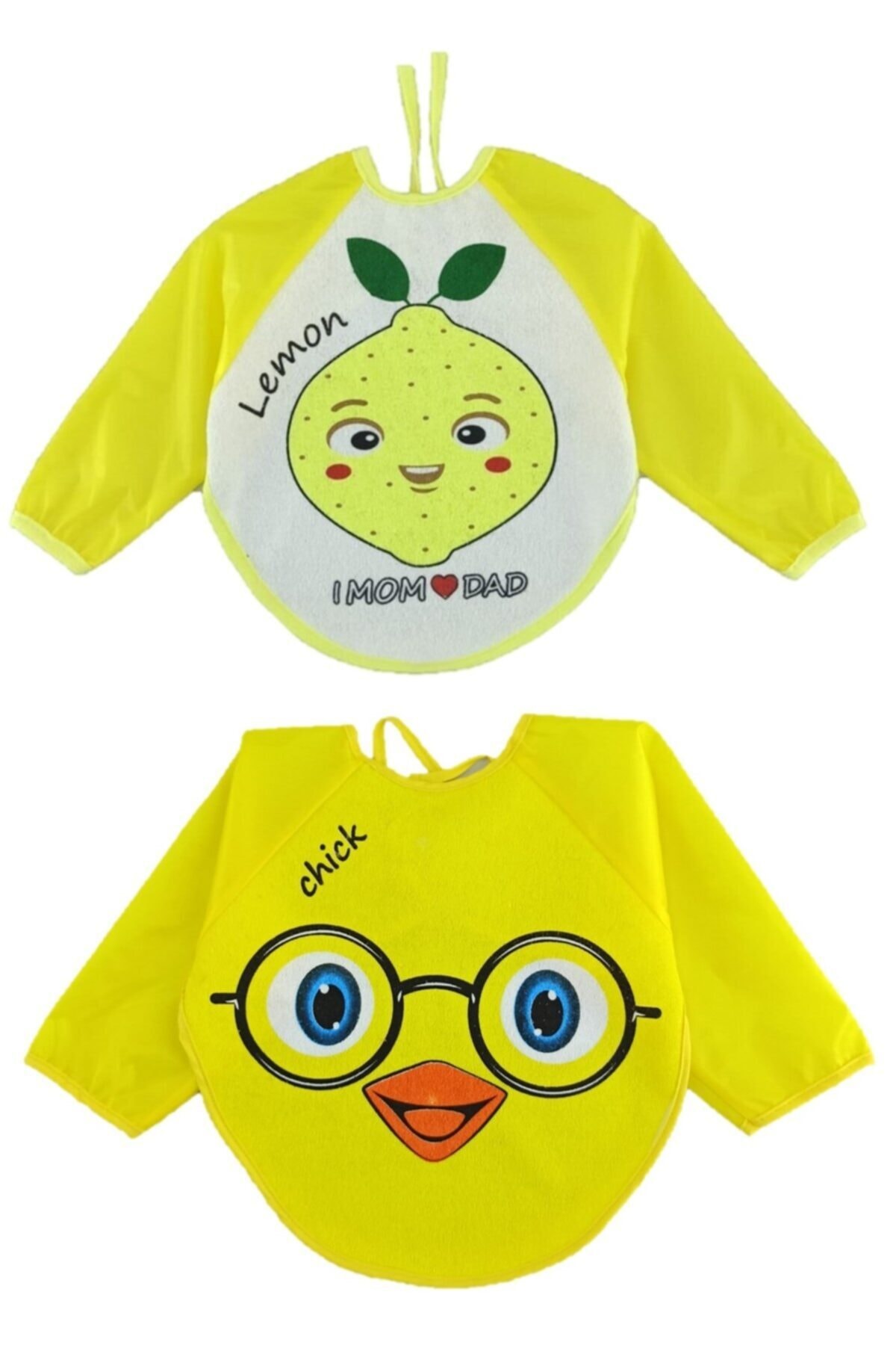 Aydınlar 2 Adet Lemon Mom Dad - Civciv Desenli Kollu Su Geçirmez Bebek Mama Önlüğü