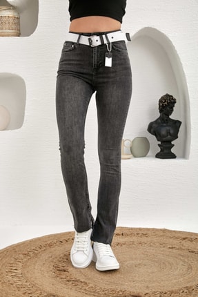 Raw Denim Raw Orginal Kemerli Aksesuarlı Ispanyol Pa&ccedil;alı Siayh Trend Pantalon