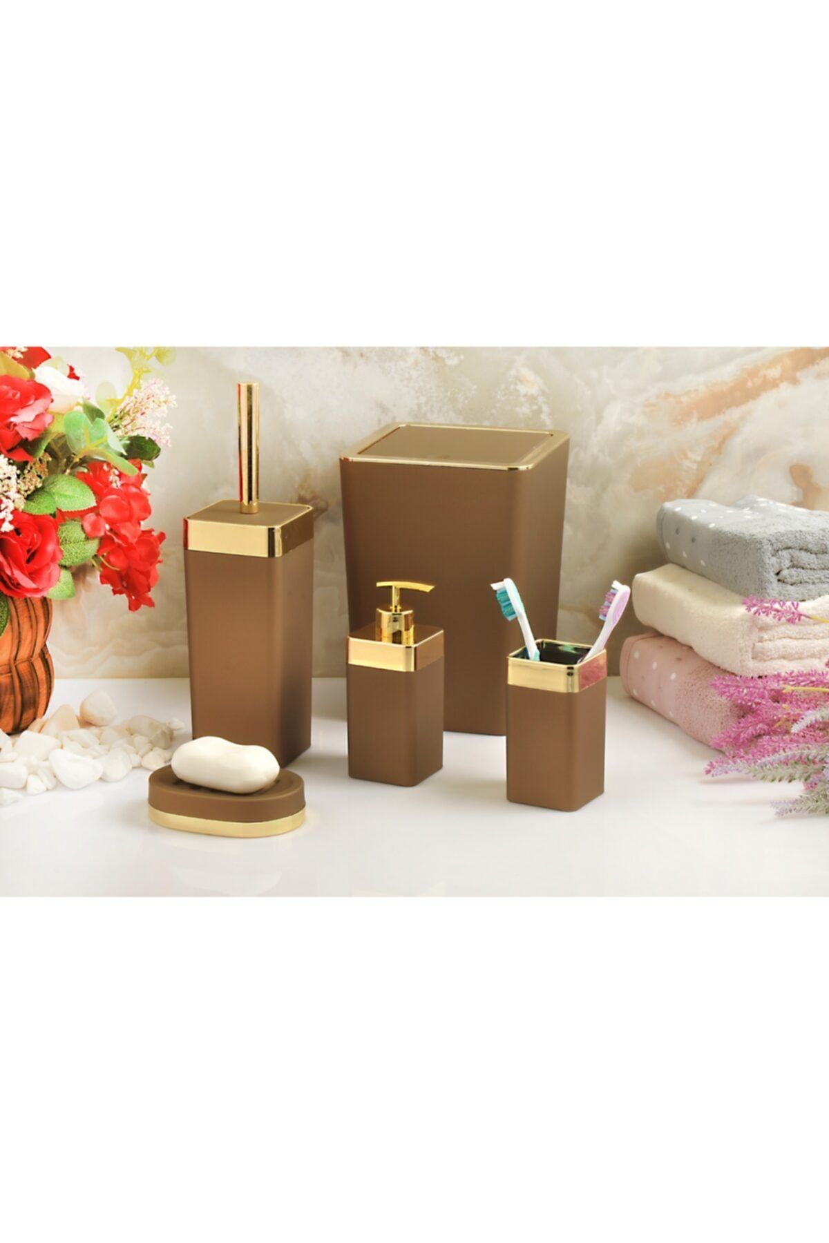 İmera Kahverengi Soft Gold Banyo Seti 5 Parça