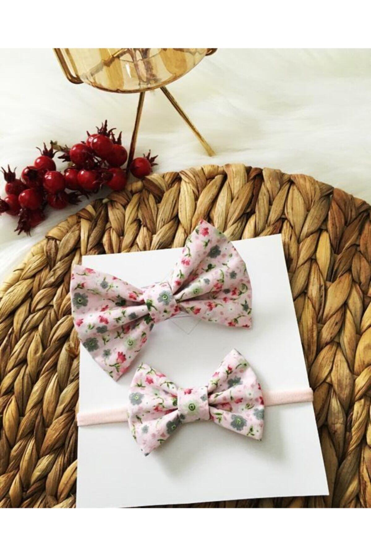 Derinkids Anne Kız Pembe Çiçekli Bandana Toka Seti
